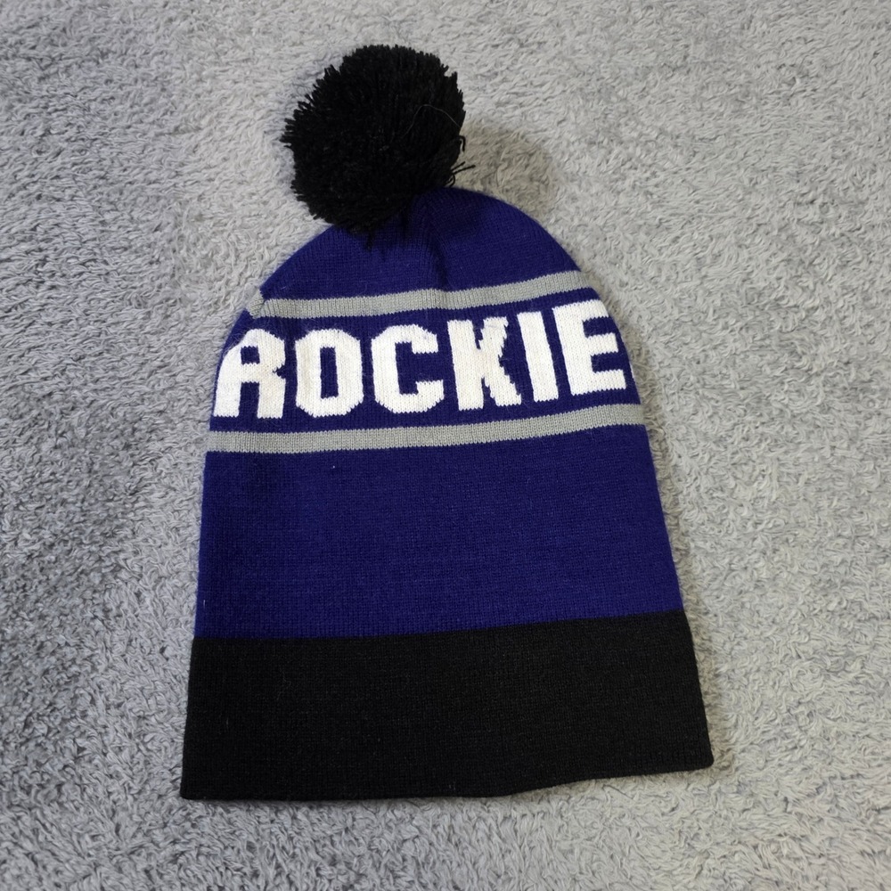 MLB Mens OSFA Colorado Rockies Beanie Purple Black Cuffed Pom Knit Hat Logo - Picture 4 of 6